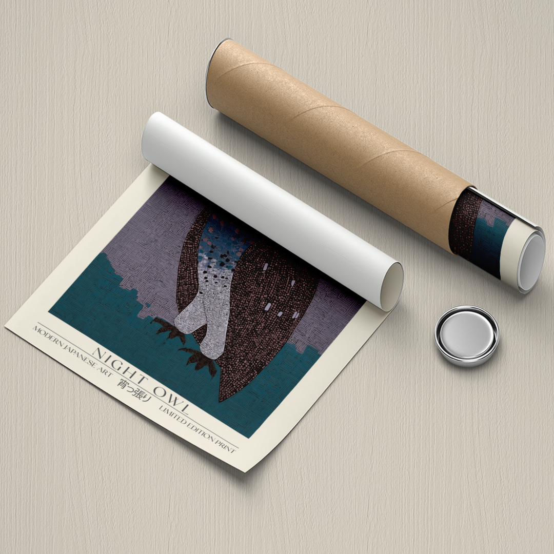 Contemporary Japanese art print of an owl in deep blue and muted purple tones with detailed textured patterns, Kusama-inspired design. Limited edition museum-quality print.