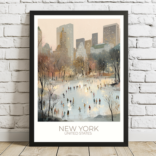 Framed artwork of a cityscape with people skating on a frozen lake, labeled 'New York United States', against a white brick wall.