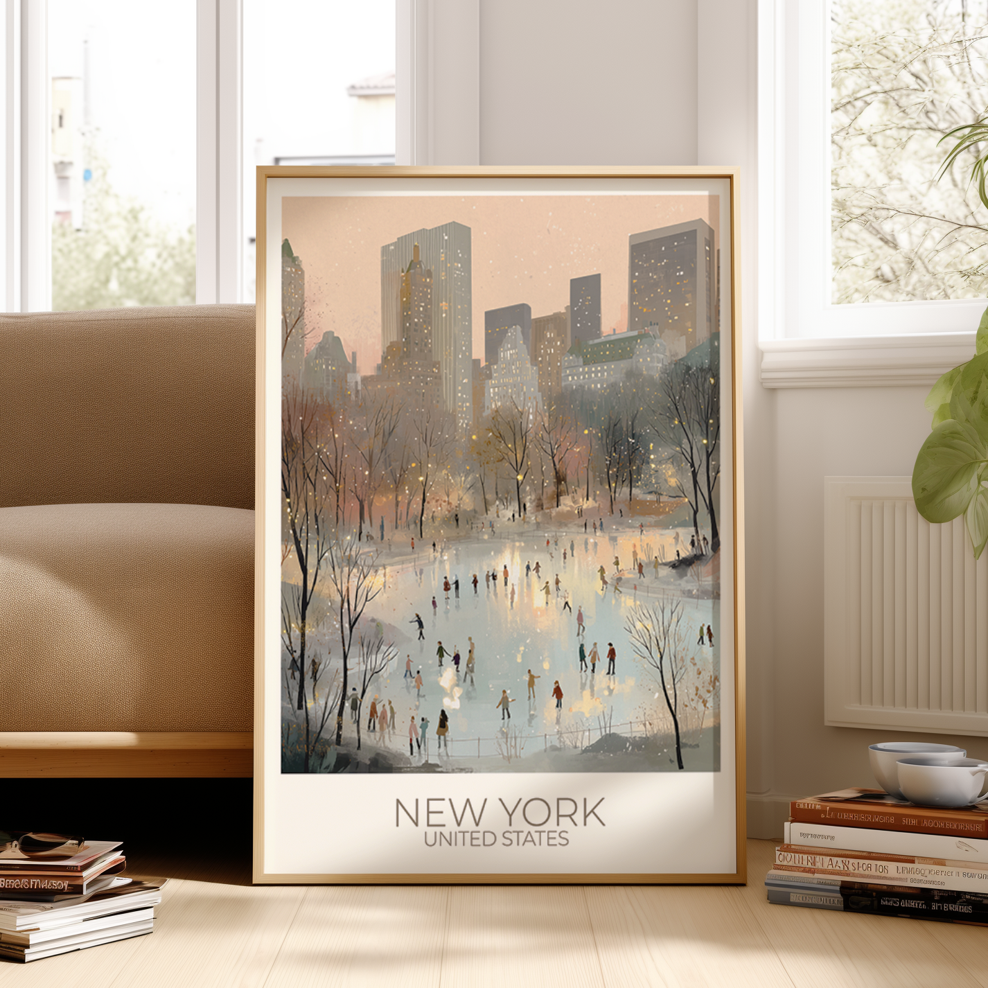 Framed artwork of a New York cityscape with people skating on a frozen lake, placed in a living room.
