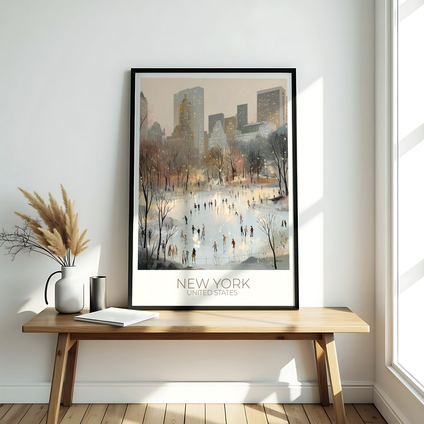 Framed New York Cityscape print on a wooden bench with decorative elements.