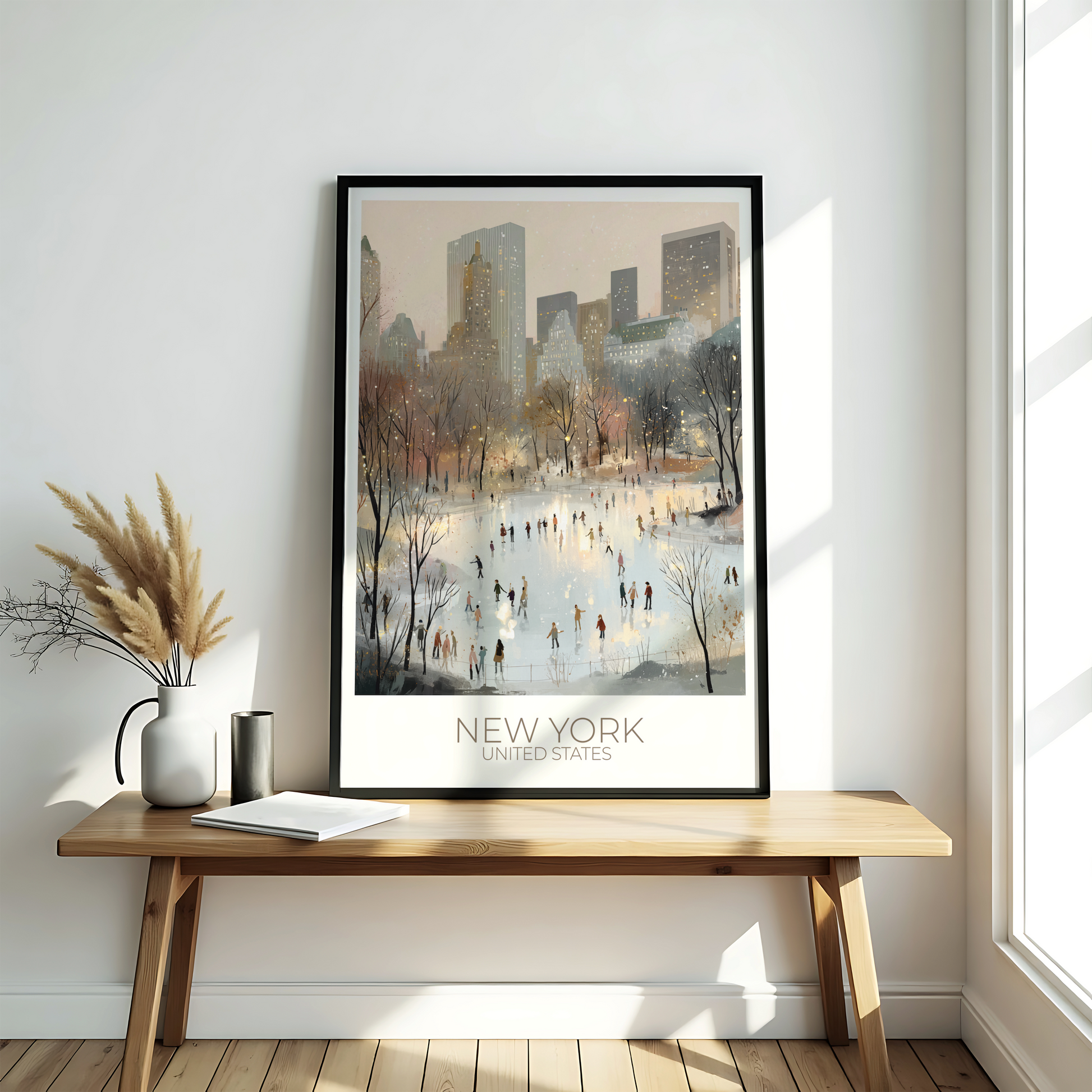 Framed New York Cityscape print on a wooden bench with decorative elements.