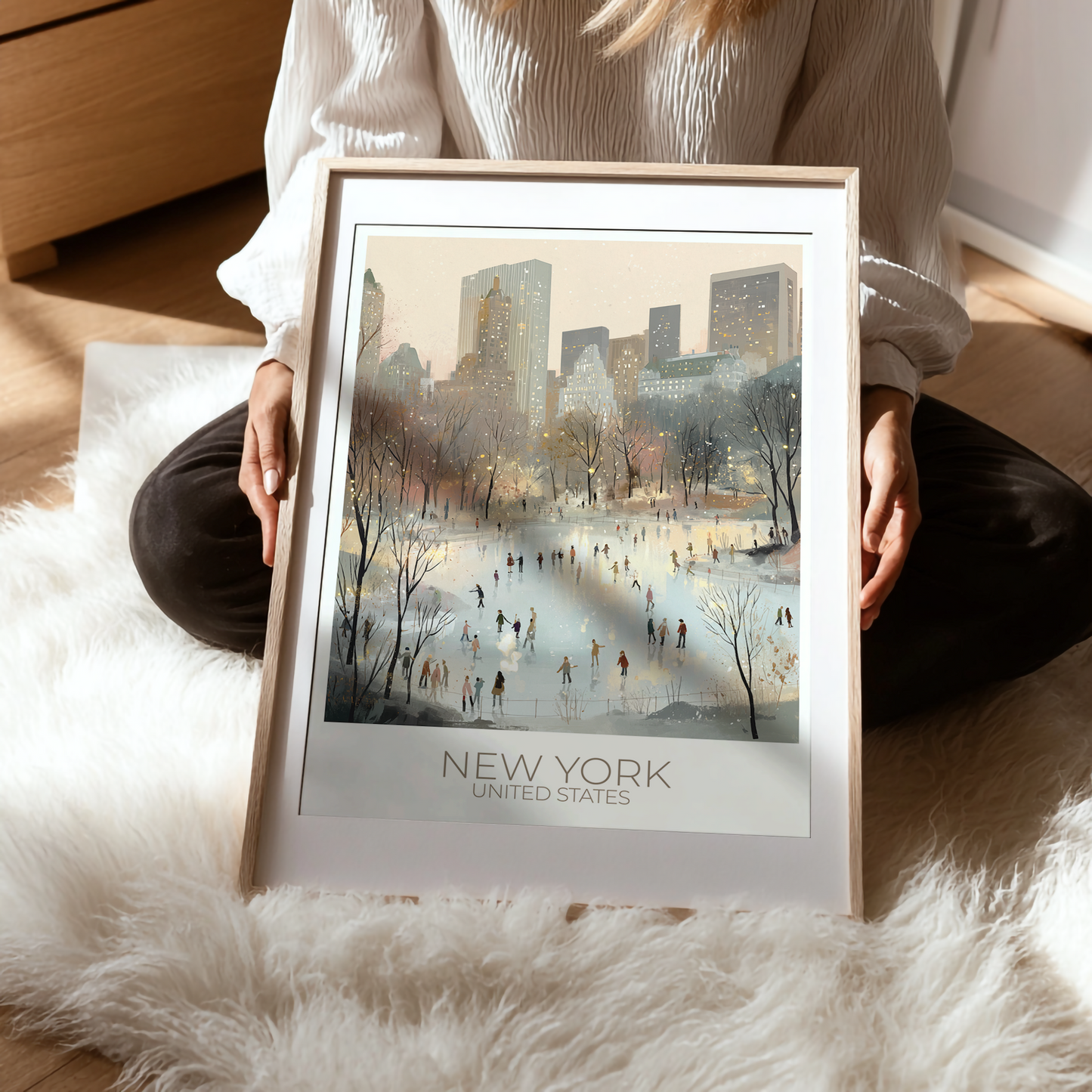 Person holding a framed print of New York City on a soft surface