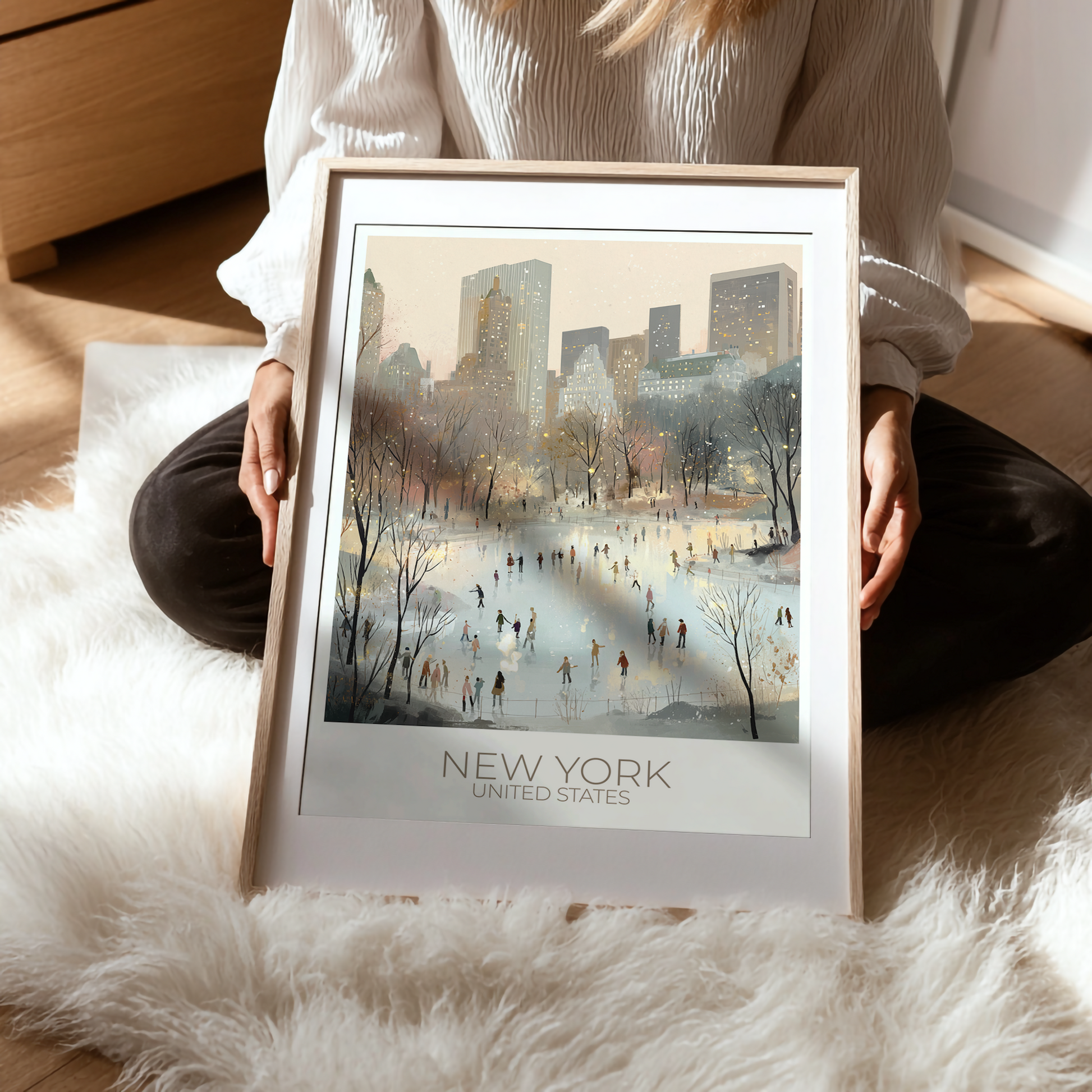 Person holding a framed print of New York City on a soft surface