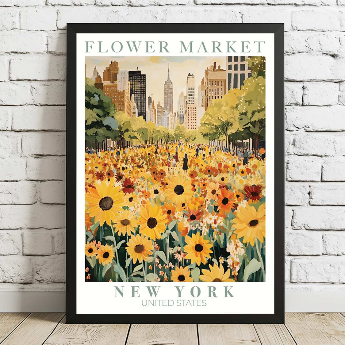 Framed artwork of a flower market in New York with a cityscape in the background.