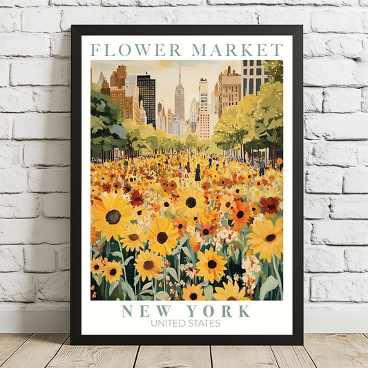 Framed artwork of a flower market in New York with a cityscape in the background.