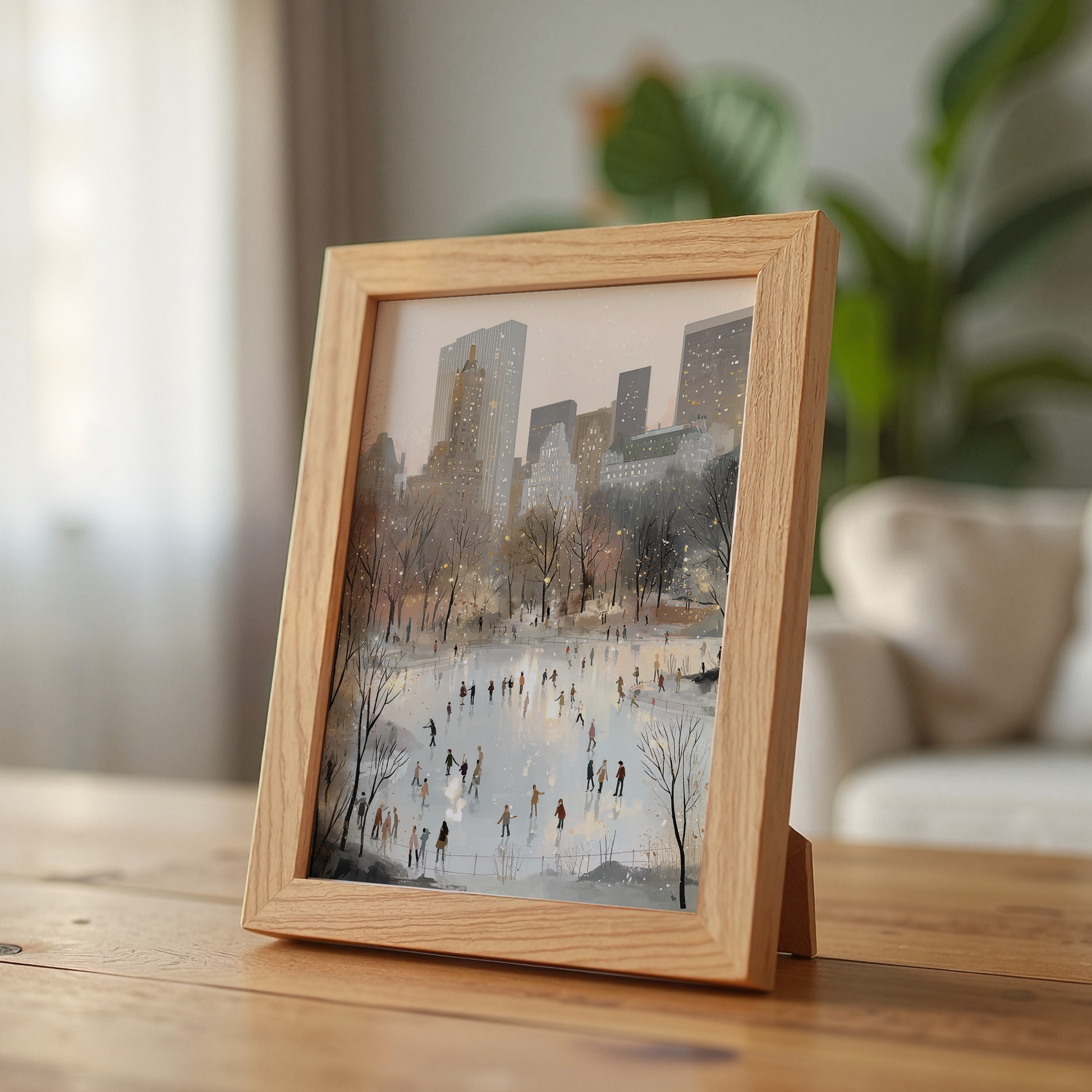Framed artwork of a snowy cityscape with people on a frozen lake, placed on a wooden surface.