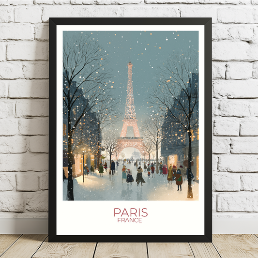 Framed artwork of the Eiffel Tower in Paris with people walking around, on a white brick wall.