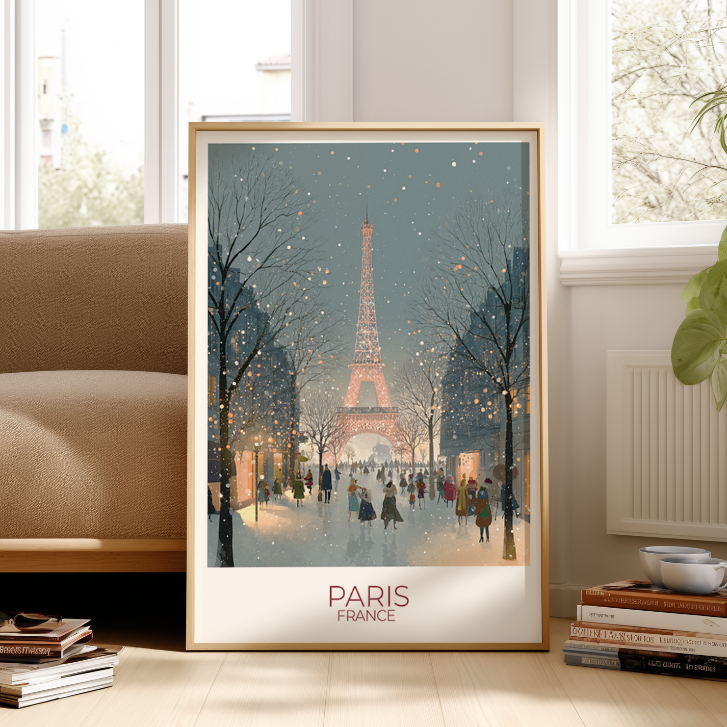 Framed poster of the Eiffel Tower in Paris on a wall in a living room.