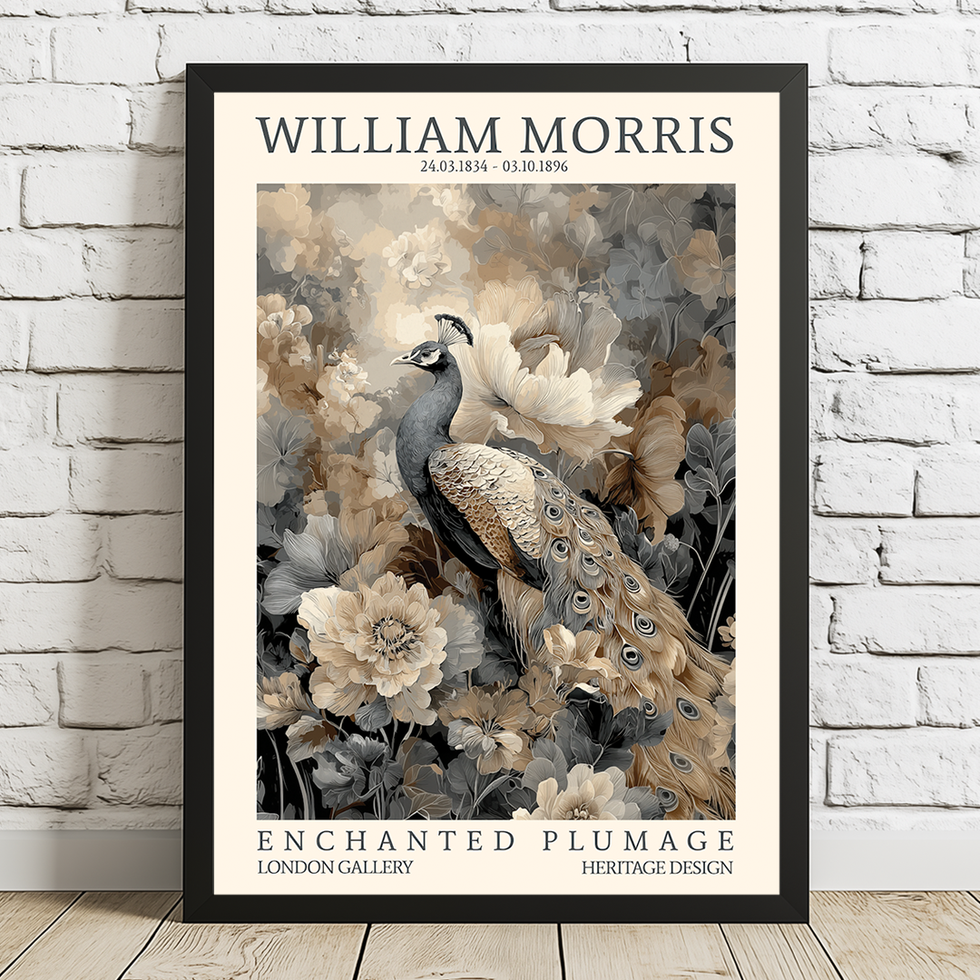 Framed artwork of a peacock among flowers with 'William Morris' text on a white brick wall.