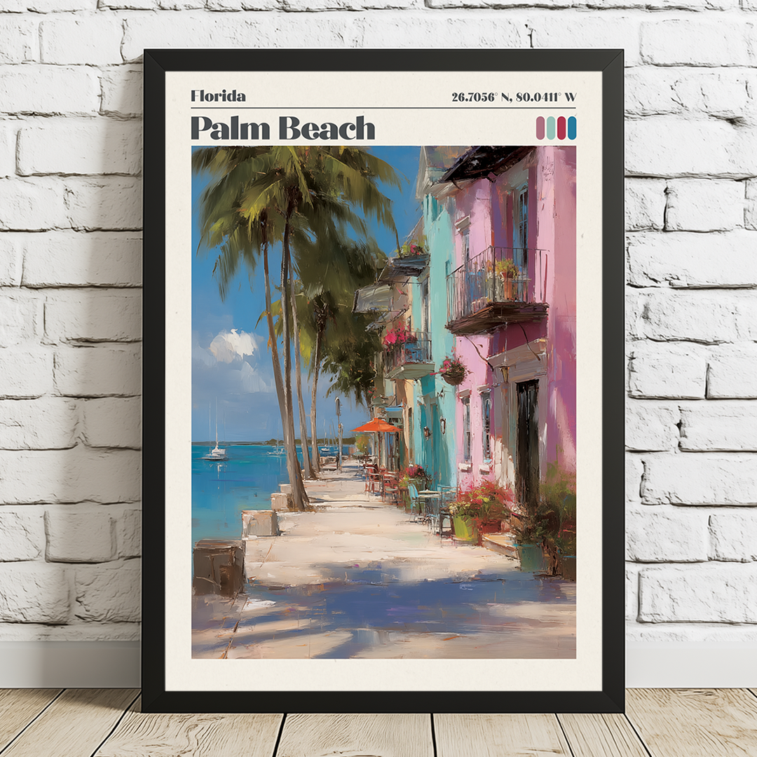 Framed artwork of a tropical street scene with palm trees and colorful buildings, labeled 'Florida Palm Beach'.
