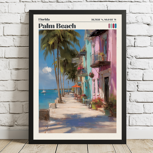 Framed artwork of a tropical street scene with palm trees and colorful buildings, labeled 'Florida Palm Beach'.
