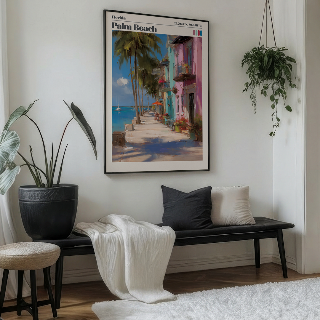 Living room with a bench, cushions, and a framed poster of Palm Beach, Florida.