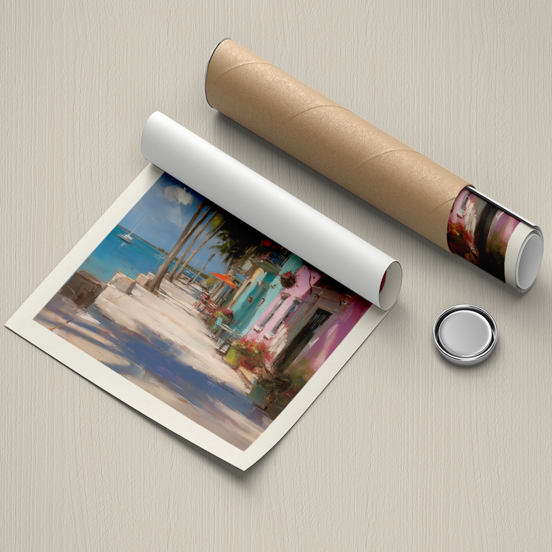 Rolled-up poster of a beach scene with a cardboard tube and magnet on a textured surface