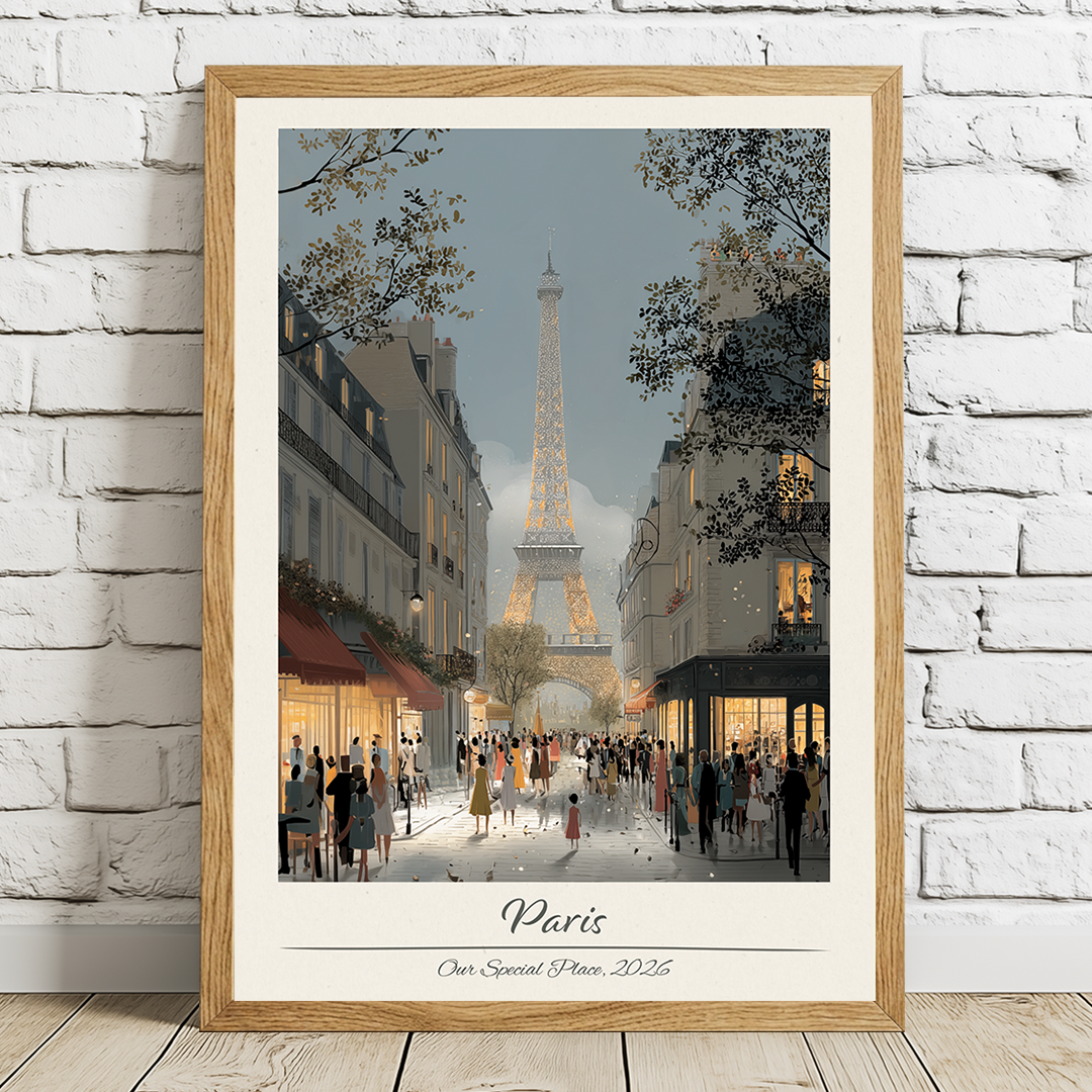 Framed artwork of Paris with the Eiffel Tower on a white brick wall.
