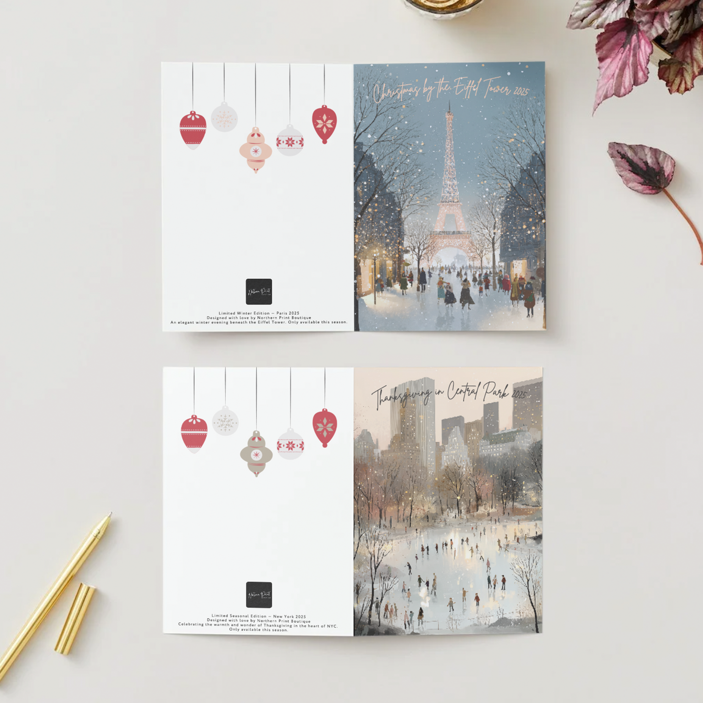 Four scenic postcards on a white surface with decorative elements.