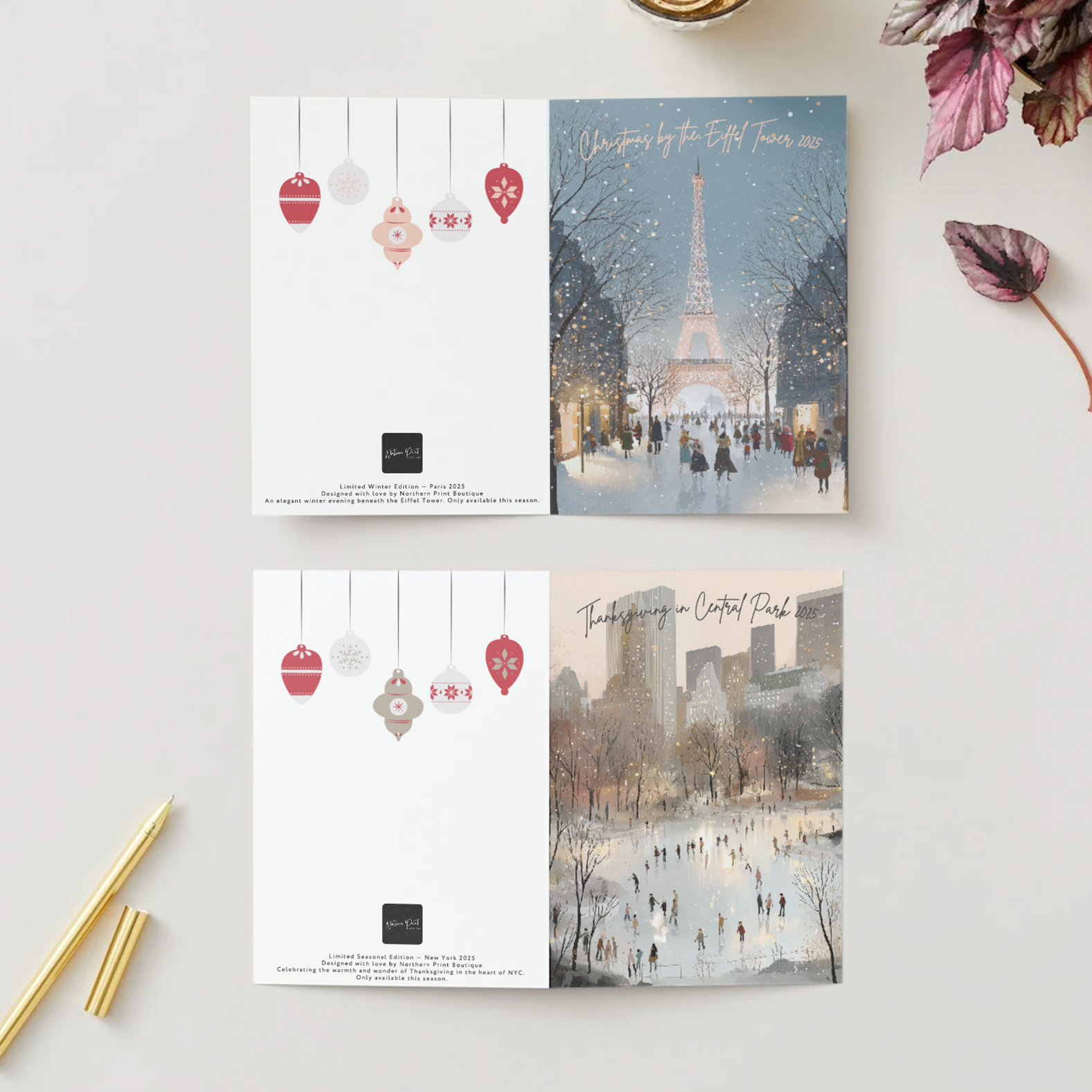 Four scenic postcards on a white surface with decorative elements.