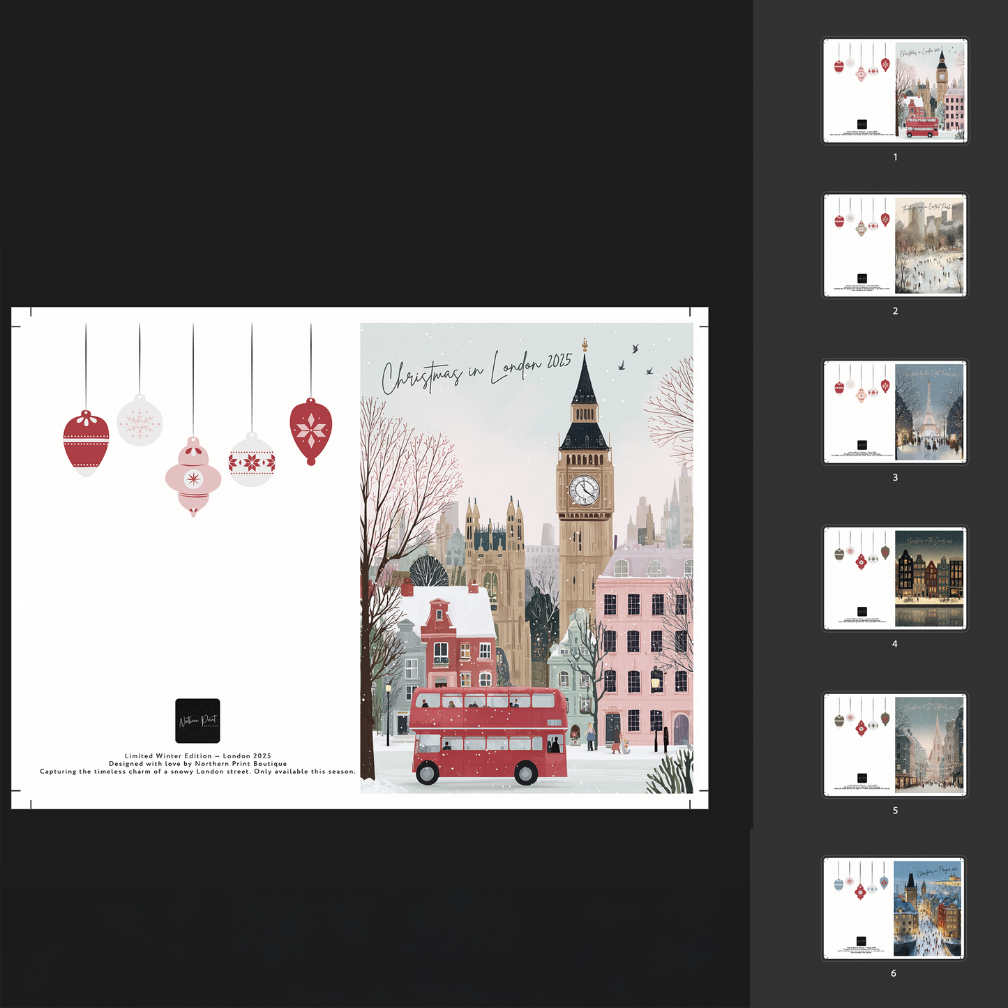 Christmas-themed card with London landmarks and festive decorations.