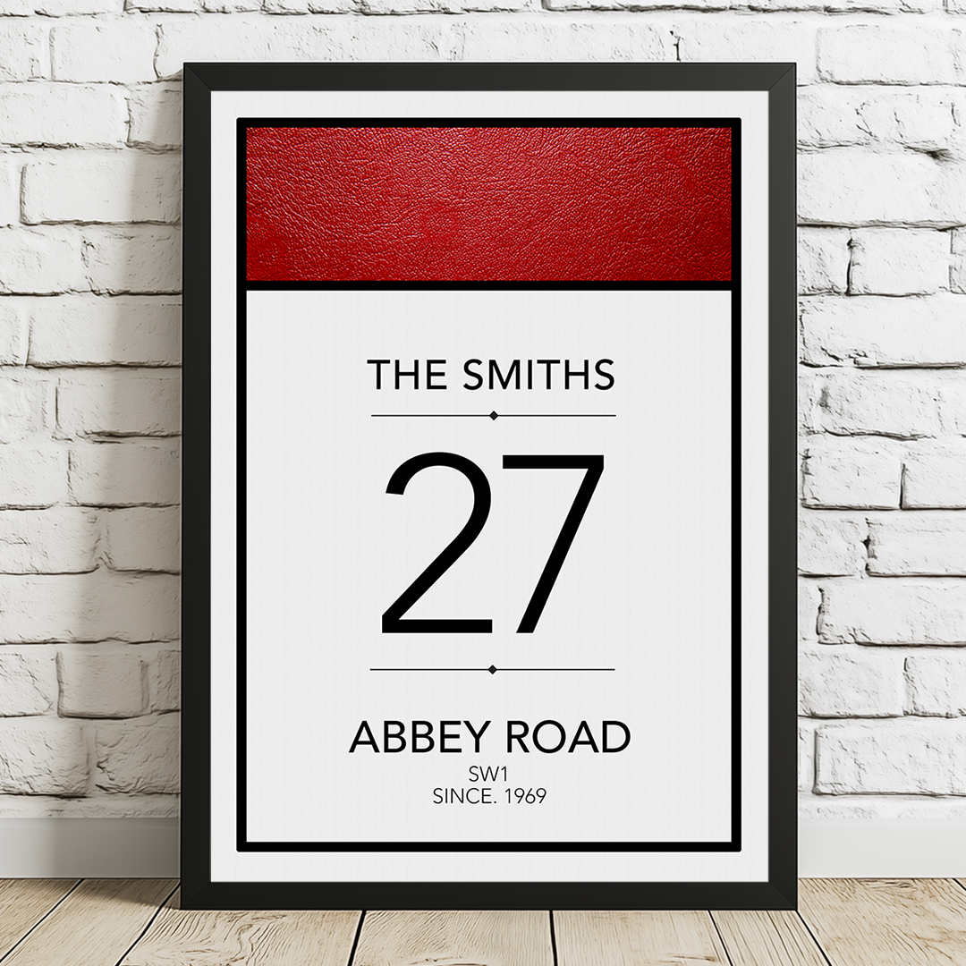 Framed poster of 'The Smiths 27 Abbey Road SW1 Since 1969' on a white brick wall.