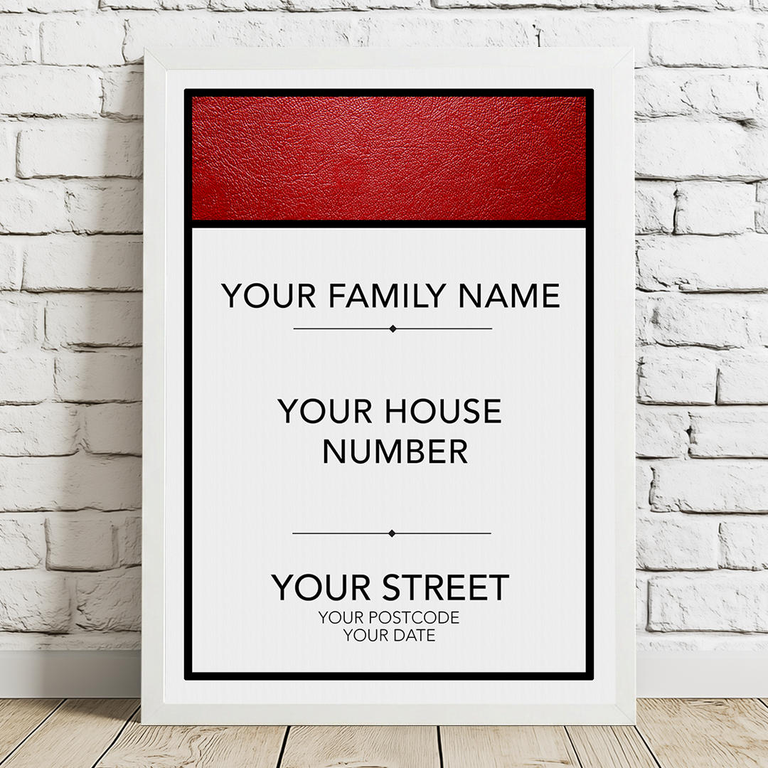 Personalized address sign with red and white design on a brick wall background
