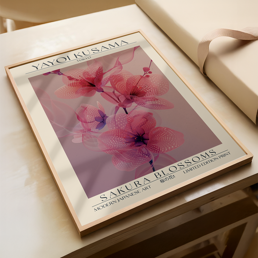 Framed artwork of pink flowers with 'Yayoi Kusama' branding on a light wooden surface.