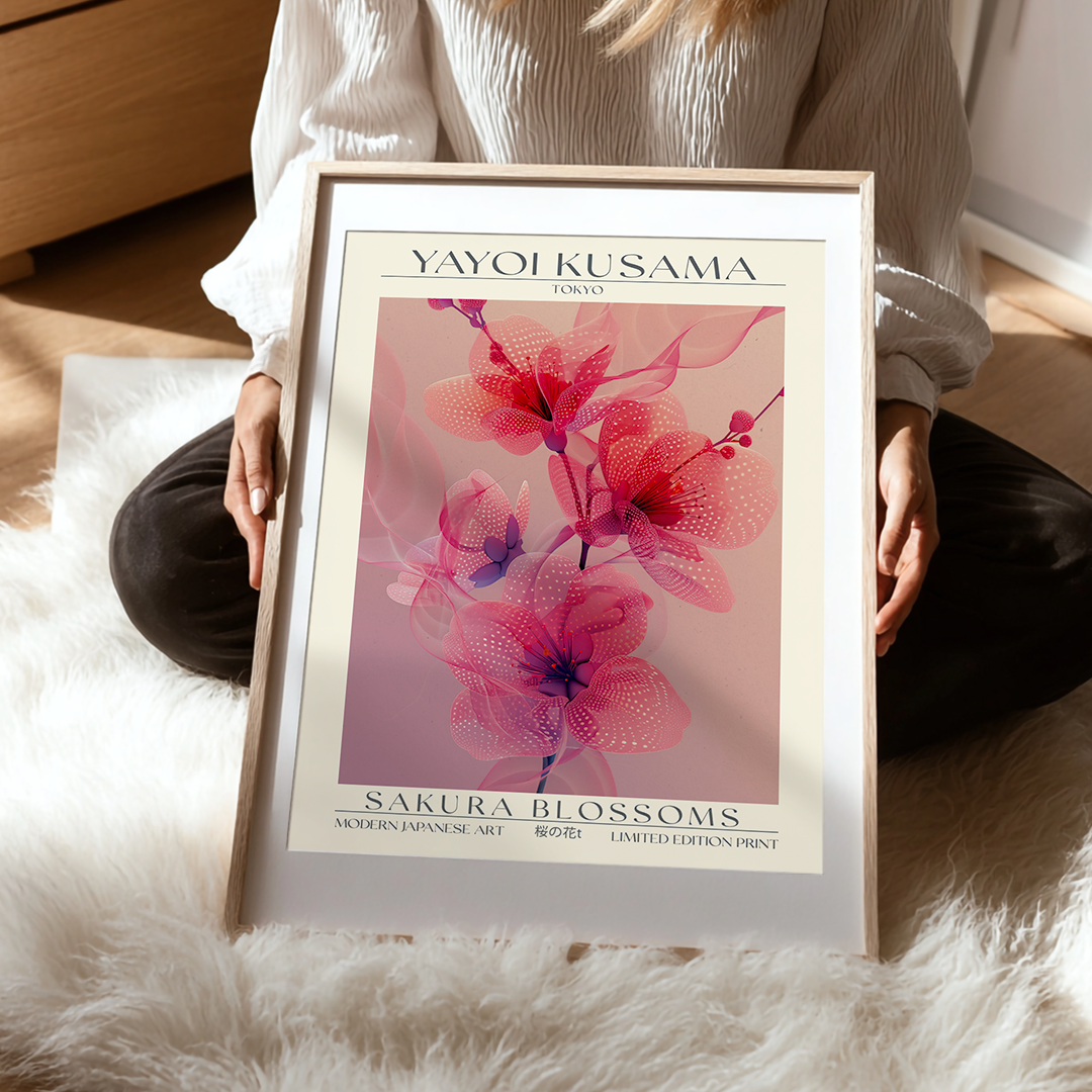 Person holding a framed Yayoi Kusama print of sakura blossoms on a soft surface.