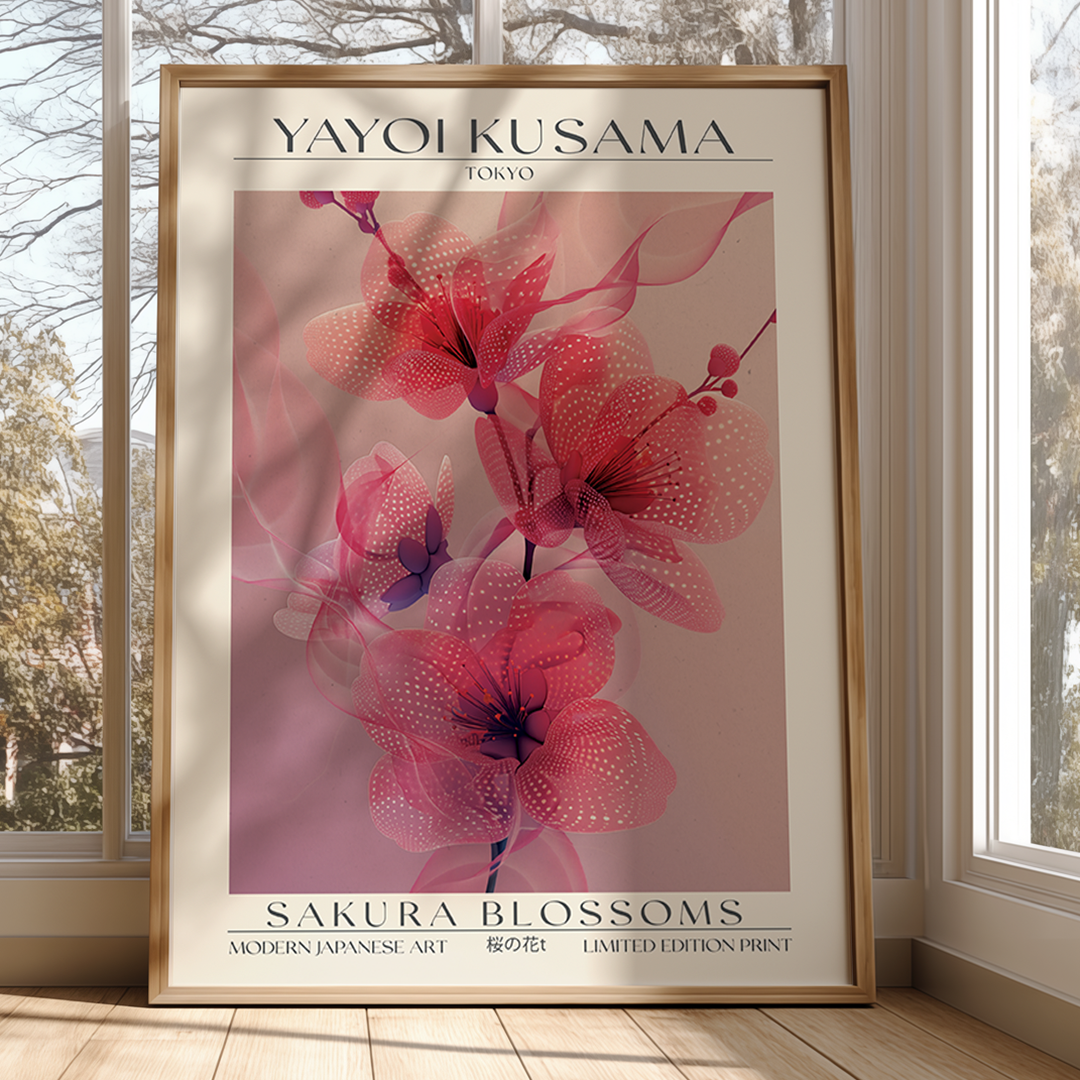 Framed Yayoi Kusama 'Sakura Blossoms' artwork in a room with windows.