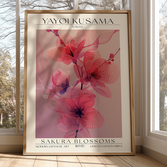 Framed Yayoi Kusama 'Sakura Blossoms' artwork in a room with windows.