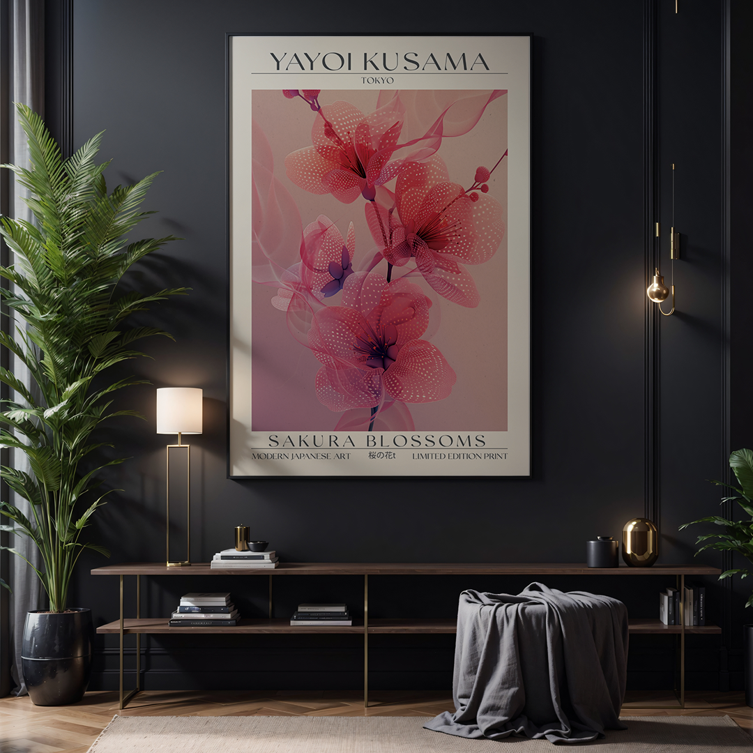 Poster of Yayoi Kusama's 'Sakura Blossoms' in a modern interior setting with plants and a shelf.