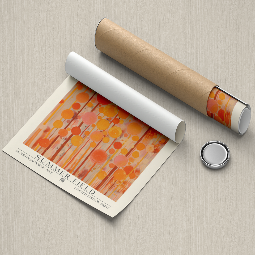 Roll of paper with a colorful design and a cylindrical object on a beige surface