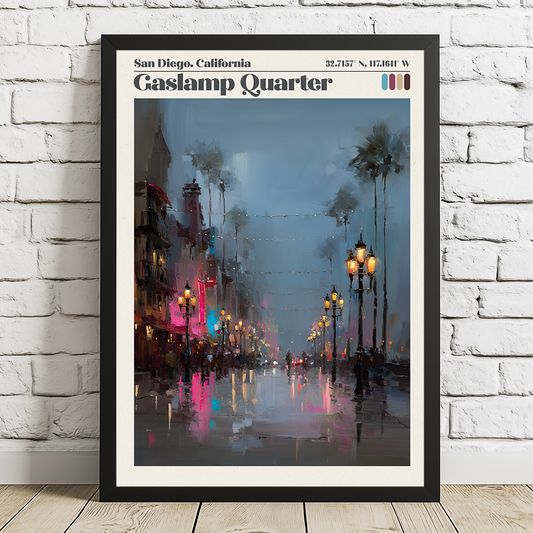 Framed artwork of a city street scene with palm trees and neon lights, titled 'San Diego, California Gaslamp Quarter'.