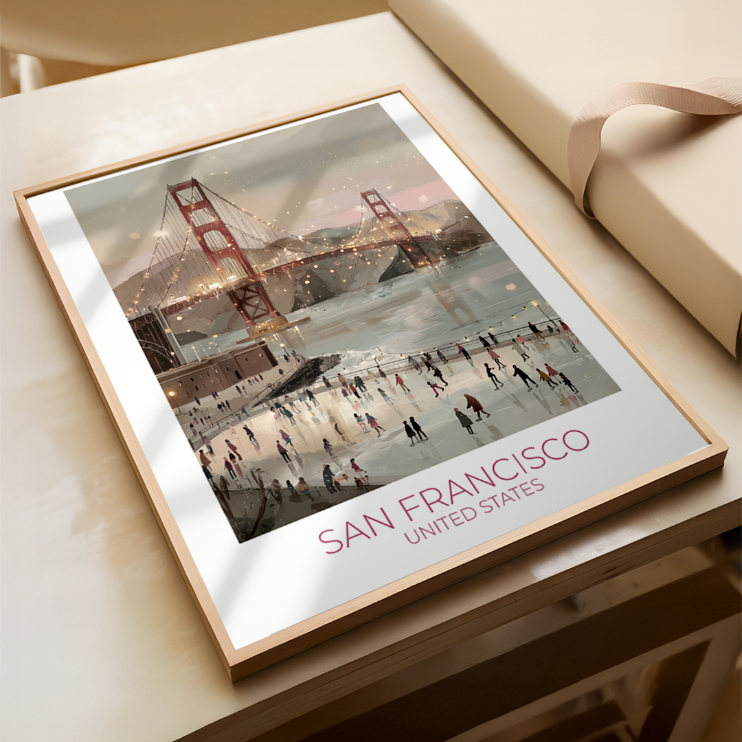 Framed print of the Golden Gate Bridge with 'San Francisco United States' text on a wooden surface.