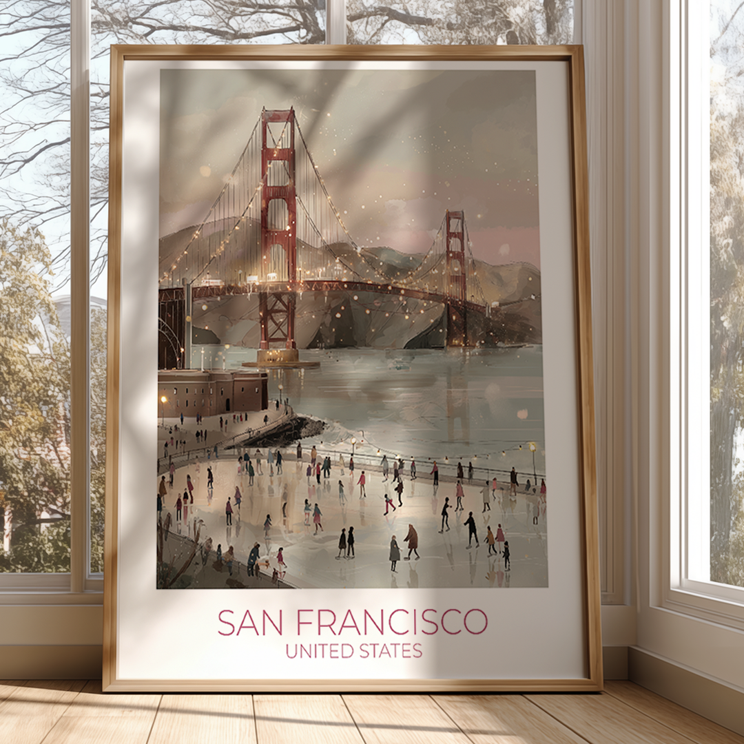 Framed artwork of the Golden Gate Bridge in San Francisco, displayed in a room with large windows.