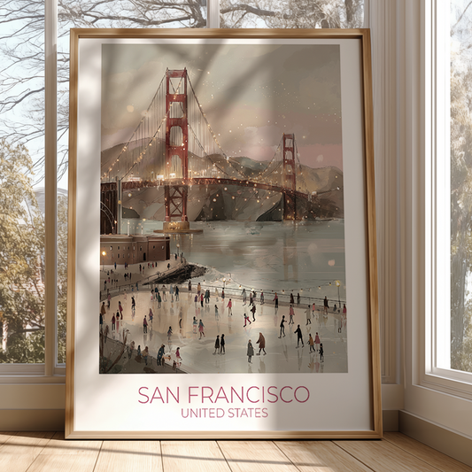 Framed artwork of the Golden Gate Bridge in San Francisco, displayed in a room with large windows.