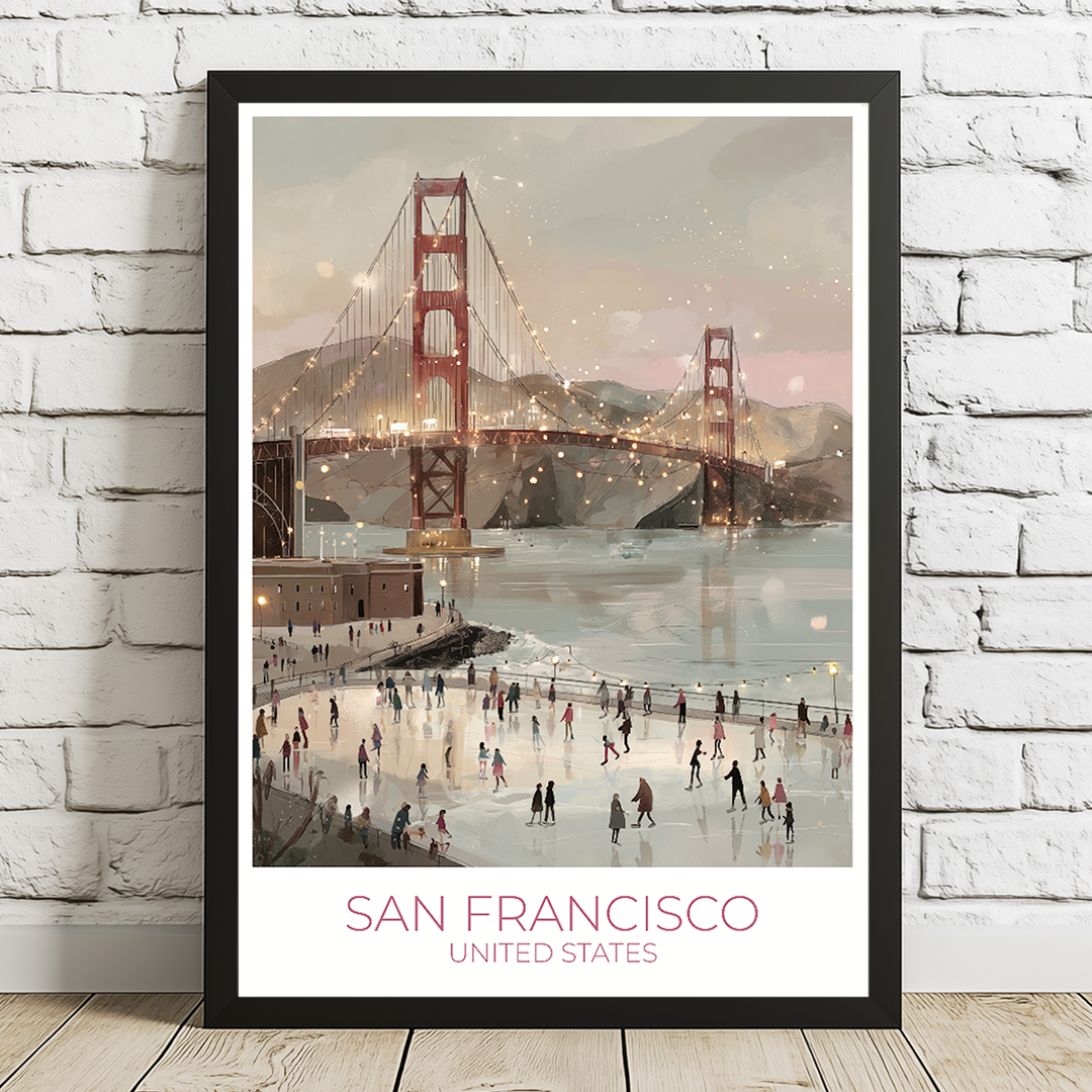 Framed artwork of the Golden Gate Bridge with people on the beach, labeled 'San Francisco, United States', on a white brick wall.