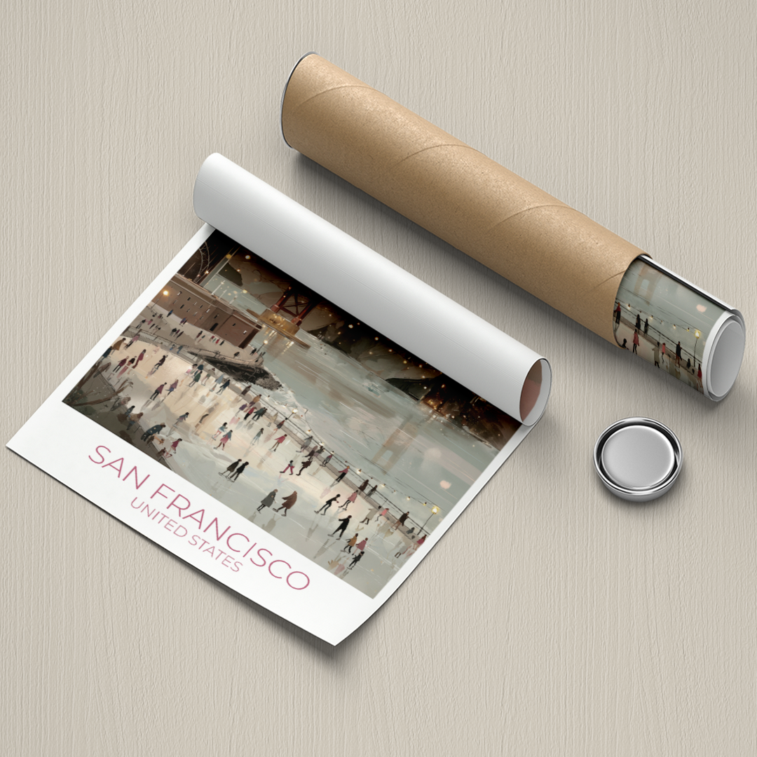 Roll of paper with a printed image of San Francisco and a cylindrical packaging on a beige surface.