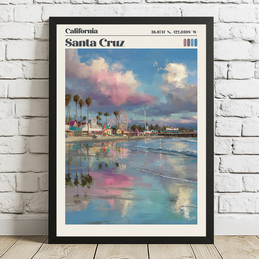 Framed artwork of Santa Cruz beach with palm trees and a colorful sky.