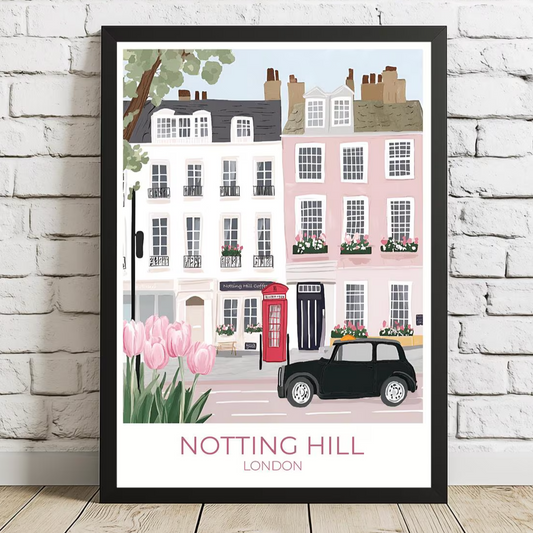 An illustration of a charming street in Notting Hill, London, featuring pastel-colored townhouses with flower boxes, a red British telephone booth, a black vintage car, and blooming pink tulips in the foreground. The text 'NOTTING HILL LONDON' appears at the bottom.