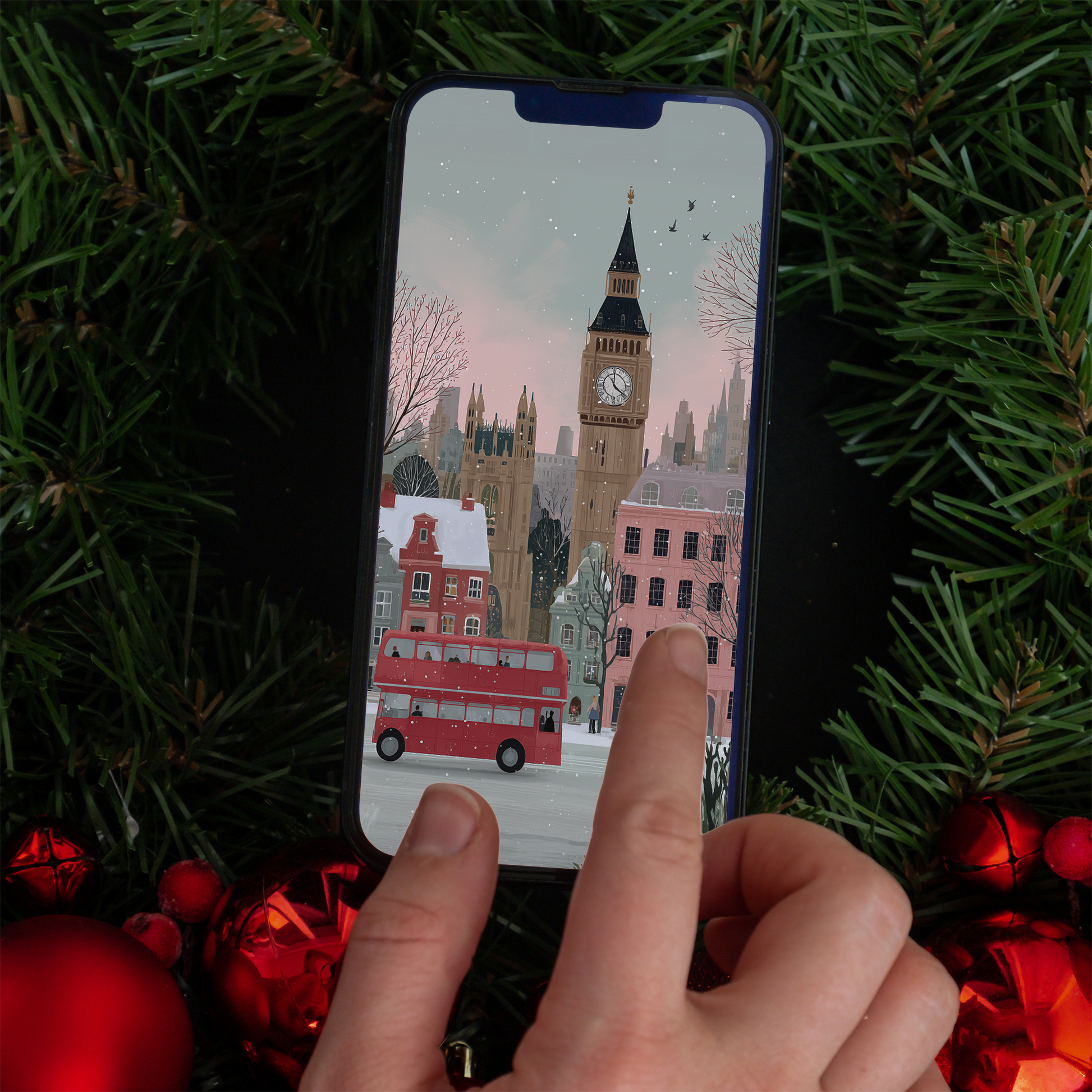 Phone case with a Christmas-themed design of Big Ben and a red bus, held by a hand over a festive background.