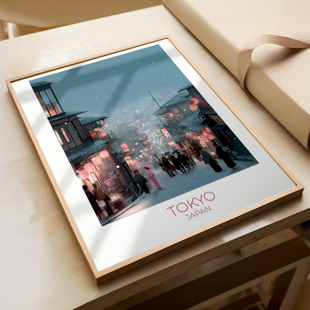 Framed artwork of a cityscape with 'TOKYO JAPAN' text on a wooden surface.