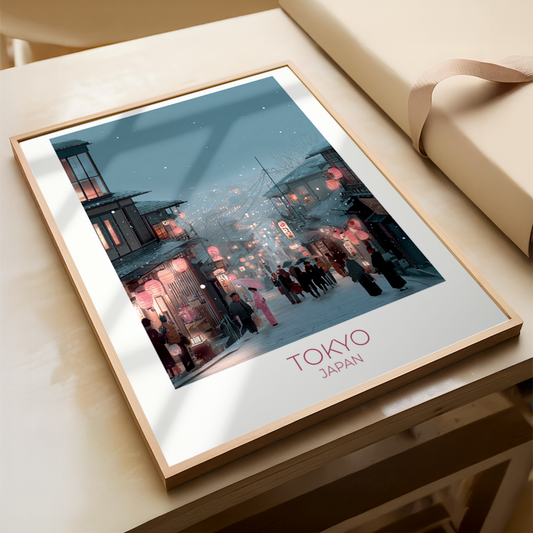 Framed artwork of a cityscape with 'TOKYO JAPAN' text on a wooden surface.