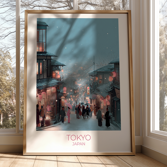 Framed artwork of a Tokyo street scene with lanterns, displayed in a room with large windows.