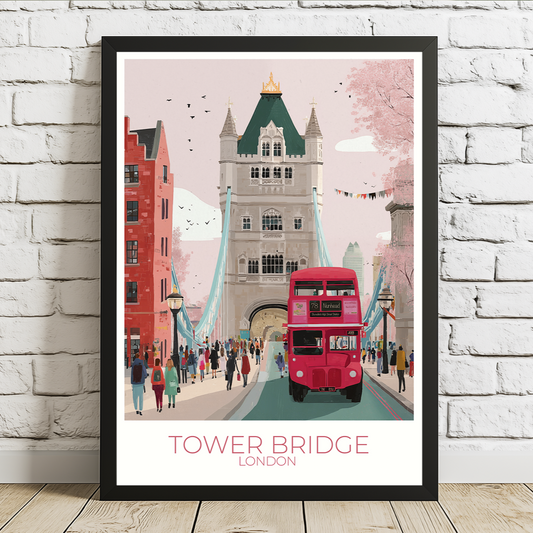 Framed artwork of Tower Bridge and a red double-decker bus on a white brick wall background.