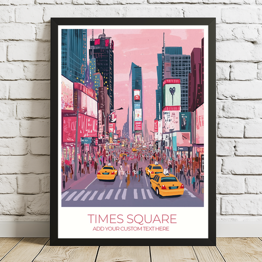Personalized Times Square print featuring custom names, date, and quote, set against a stylized New York City skyline.