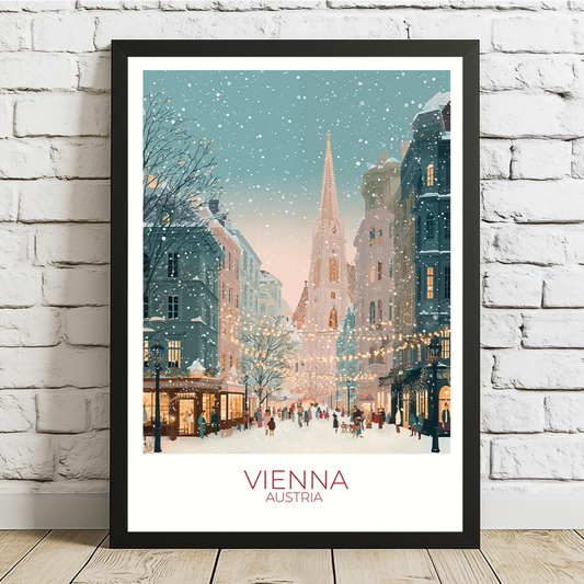 Framed artwork of Vienna, Austria with a snowy street scene on a white brick wall.