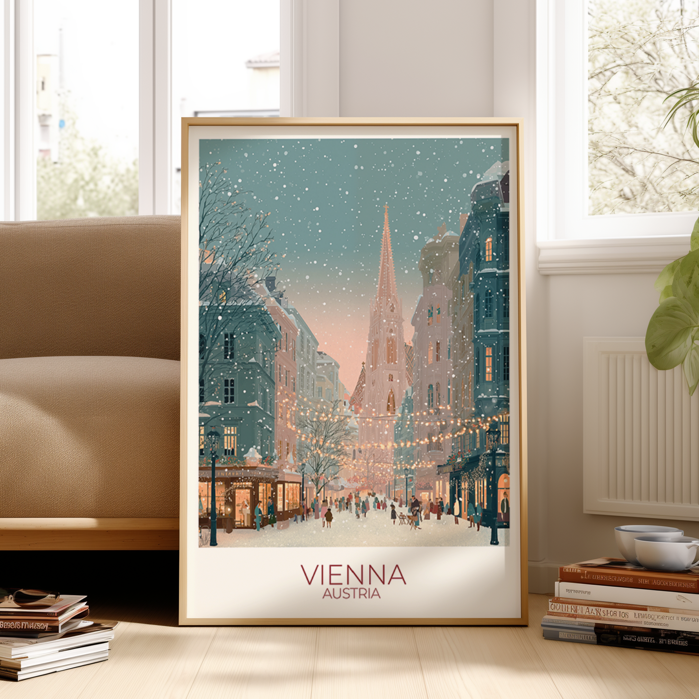Framed poster of Vienna, Austria with a snowy street scene in a living room.