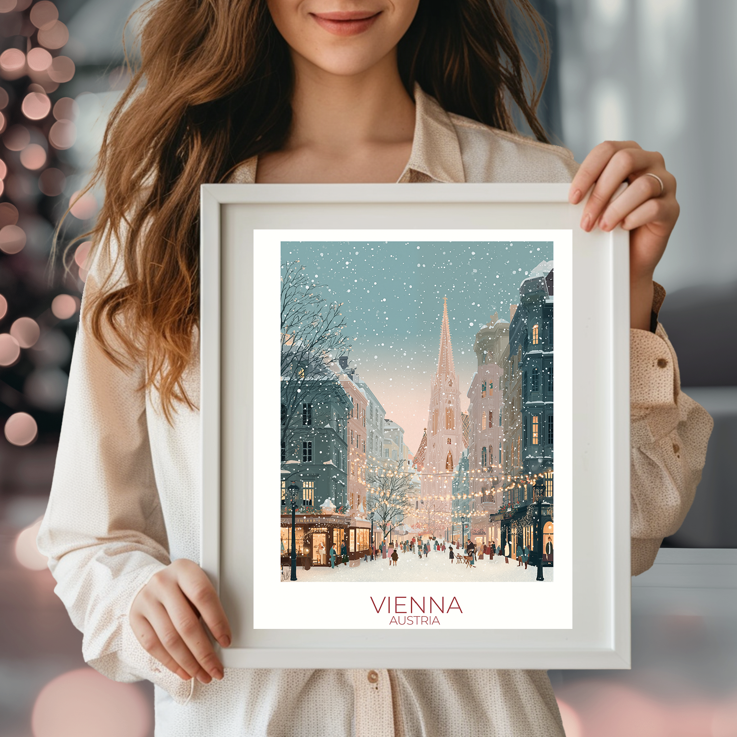 Person holding a framed print of Vienna with festive lights in the background