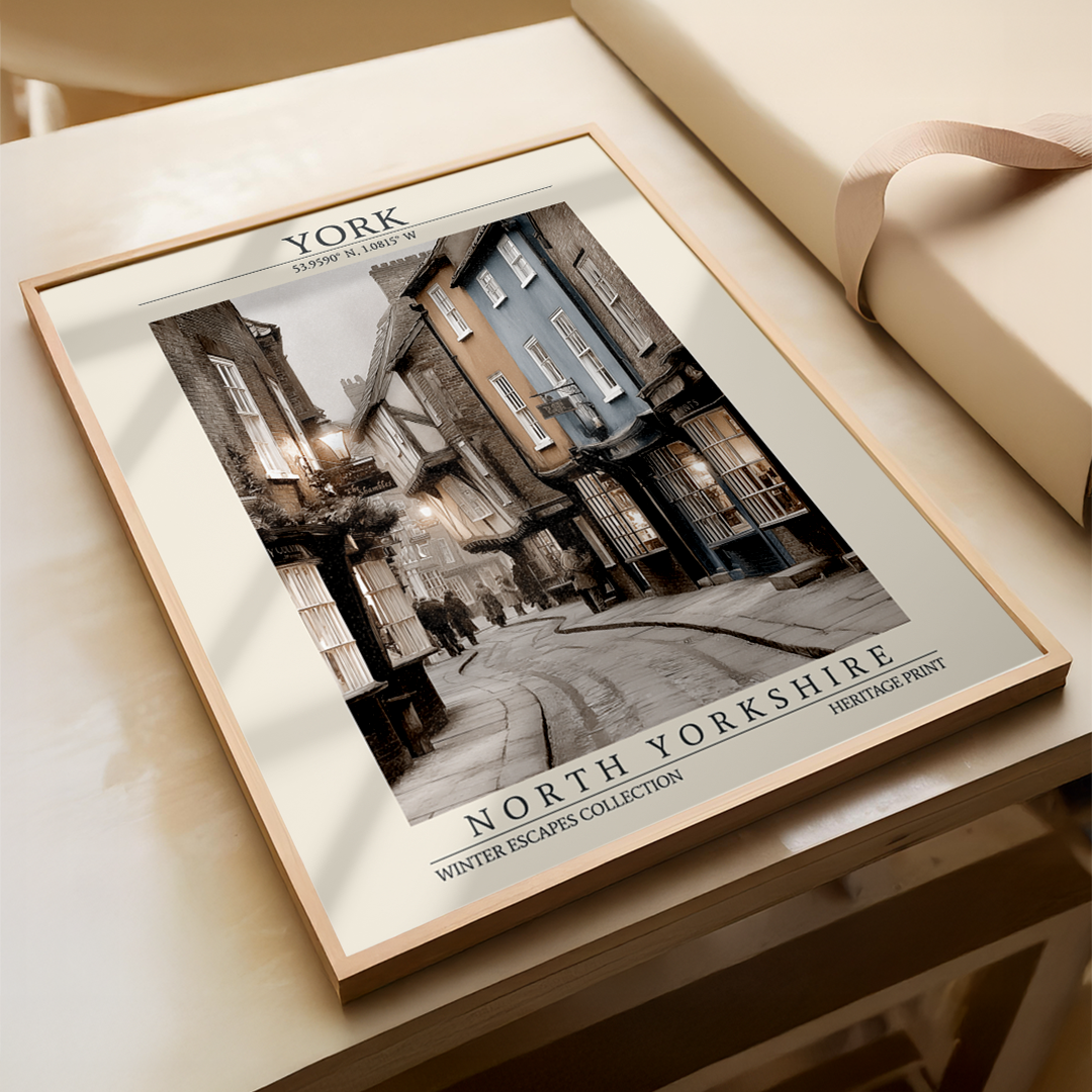 Framed print of a cityscape with 'York' and 'North Yorkshire' text on a wooden surface.