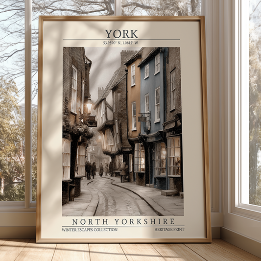 Framed poster of a street scene in York, North Yorkshire, on a wall.