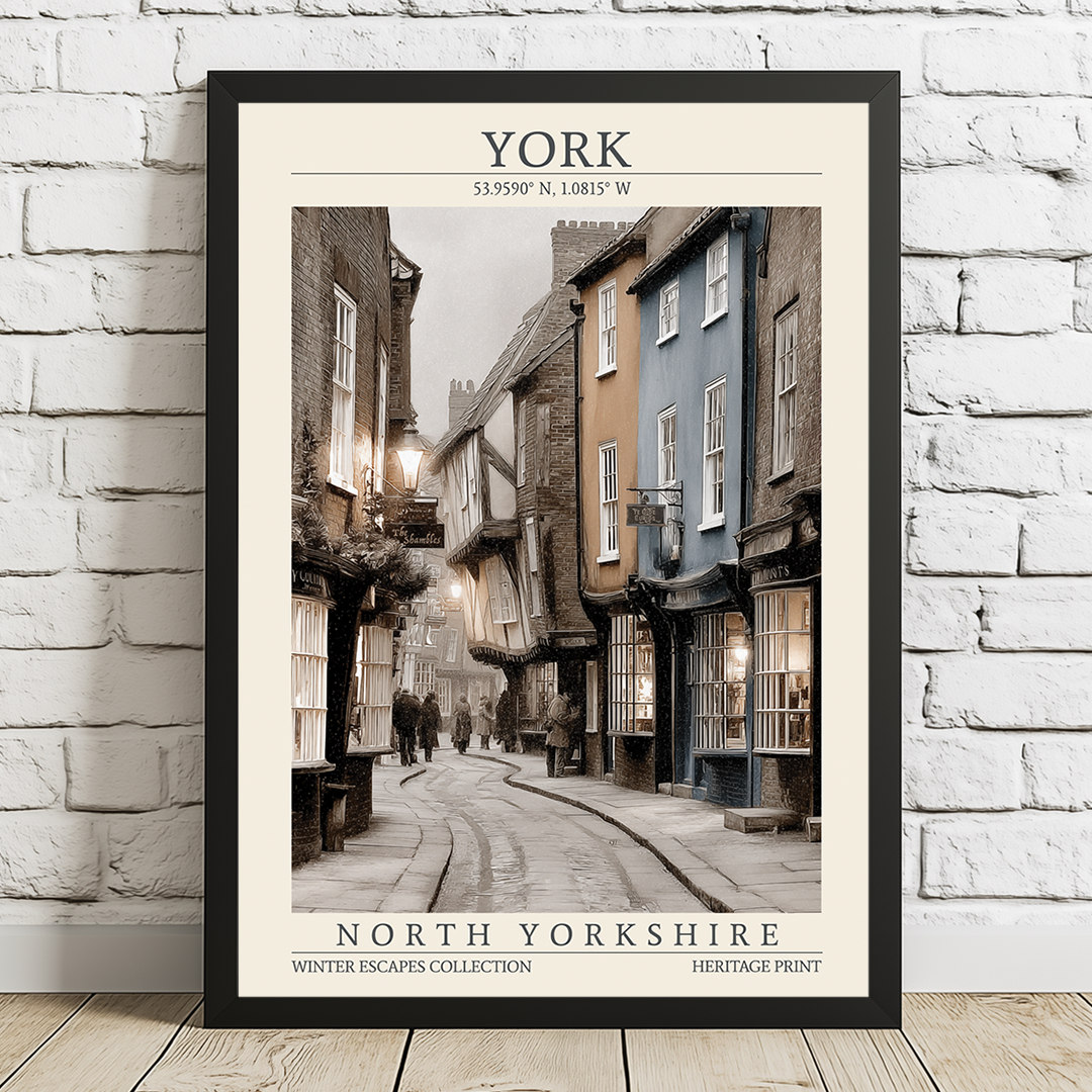 Framed print of a street scene in York, North Yorkshire on a white brick wall.