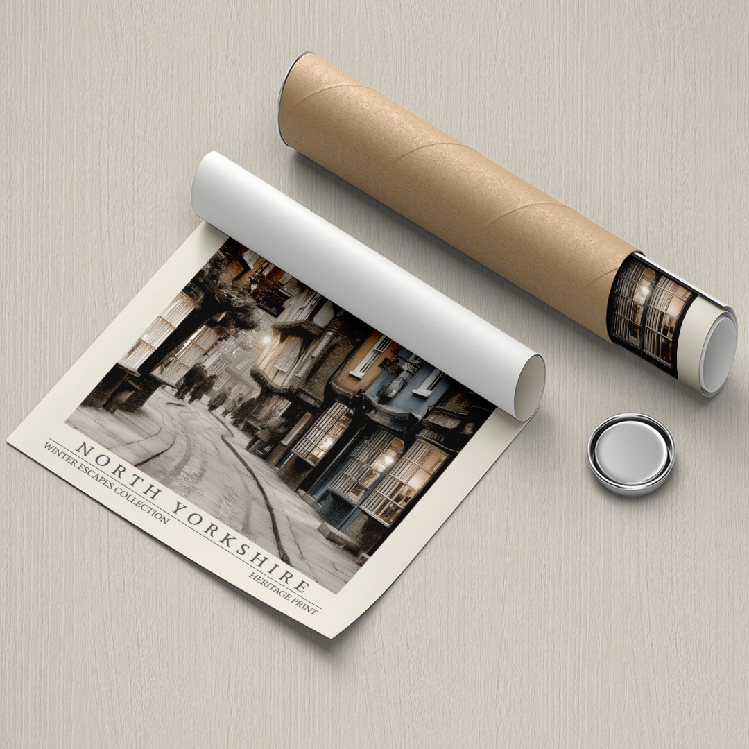 Roll of paper with a printed design of North Yorkshire and a cylindrical object on a beige surface